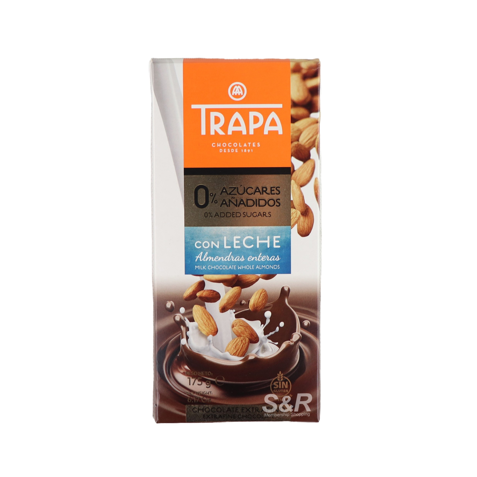 Trapa 0% Added Sugars Whole Almonds Milk Chocolate Bar 175g Trapa 0% Added Sugars Whole Almonds Milk Chocolate Bar 175g
